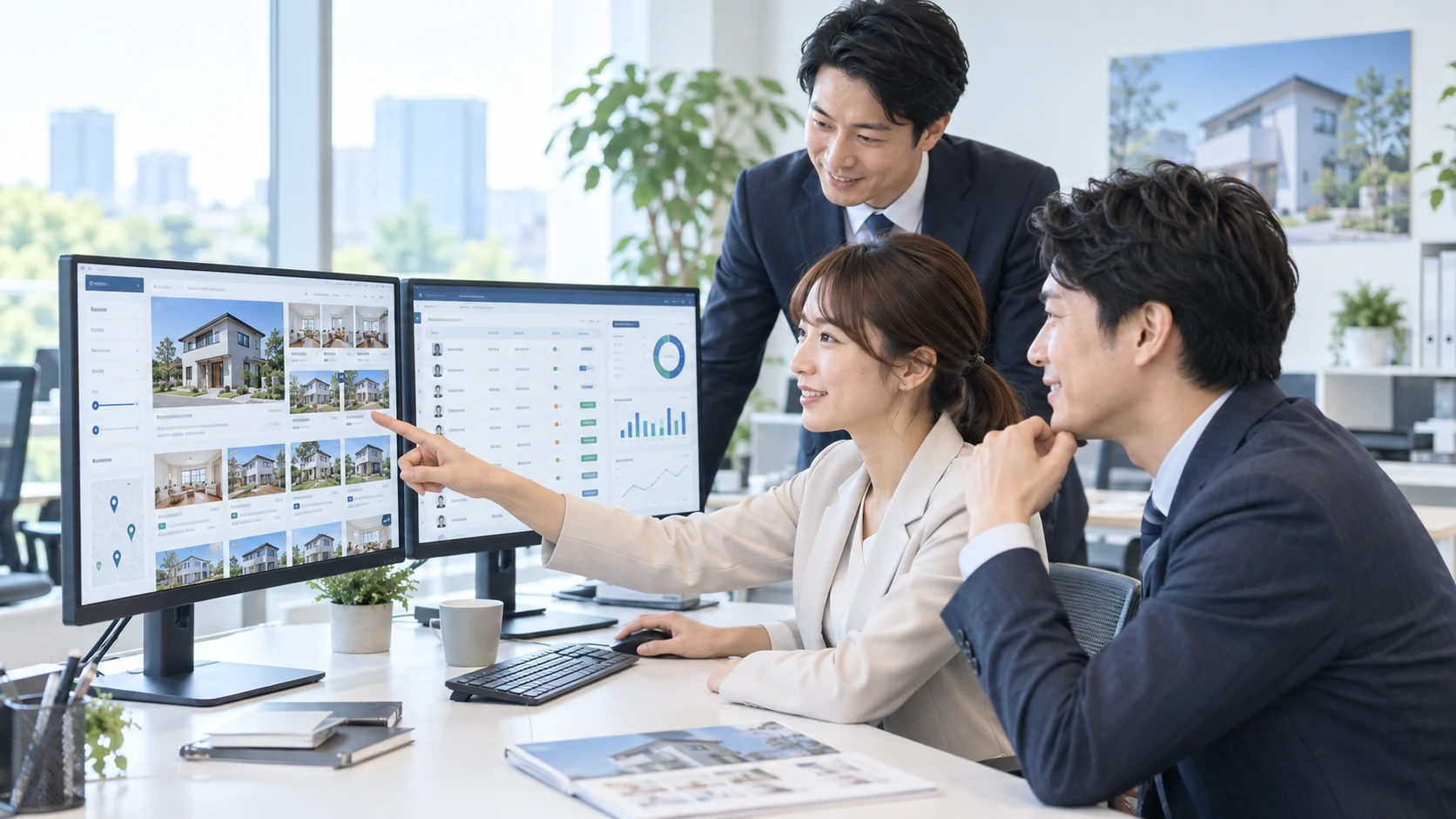 公開サイトと顧客管理画面を確認する住宅会社の担当者